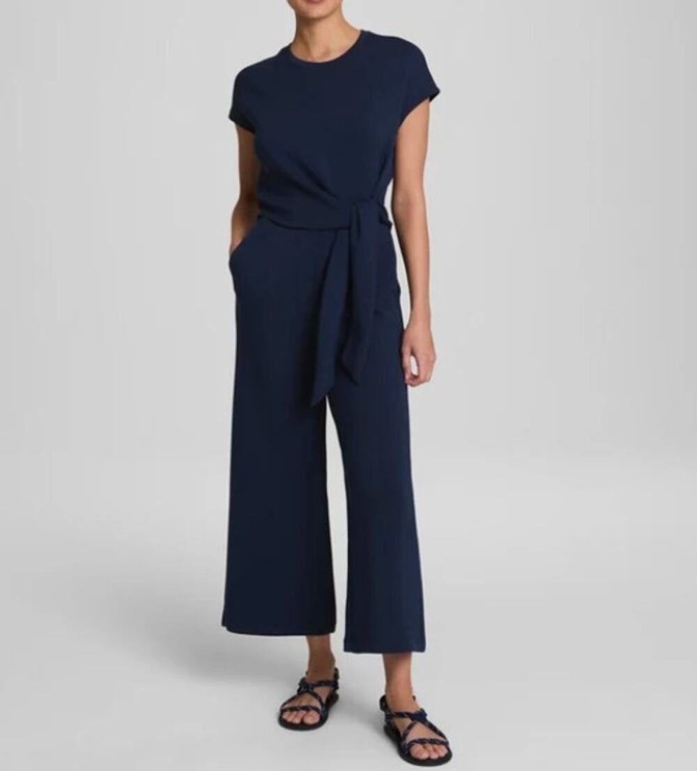 SPANX AirEssentials Tie Waist Jumpsuit Womens S Navy Wide Leg Cap Sleeve NWT
